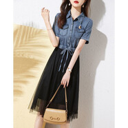 花花公子（PLAYBOY）2025夏季新款休閑收腰顯瘦牛仔連衣裙拼接森女抽繩網(wǎng)紗修身連衣裙 假兩件套-連衣裙 S  80斤-105斤