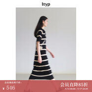 旅途原品（ltyp）真絲亞麻棉休閑V字翻領條紋針織連衣裙女直筒中長裙 杏黑色-經典條紋-真絲亞麻棉 XS -S/150-155cm（現貨）
