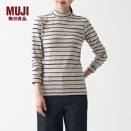 無(wú)印良品 MUJI 女式 彈力羅紋編織 半高領(lǐng)長(zhǎng)袖T恤 BBM02A1A 打底衫 米色條紋 M