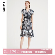 LANDI秋季新款V領(lǐng)藝術(shù)印花短袖收腰中長(zhǎng)款連衣裙女裙子 藏青色 S