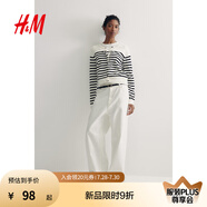 H&M女裝毛針織衫夏季慵懶風圓領(lǐng)長袖打底衫短款外套0579541 白色/黑色條紋 S 160/88