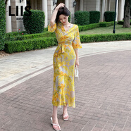 LIIS海外高端品牌卜斯斯IULV連衣裙法式風(fēng)情金黃色花卉印花一片式裹身 金黃色 S