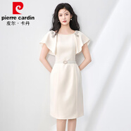 皮爾卡丹（pierre cardin）感圓領(lǐng)釘鉆荷葉袖連衣裙女2025夏季新款時尚氣質(zhì)收腰包臀裙子 杏色 S