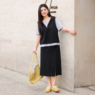 慕姍詩怡（MsShe）大碼女裝2025夏季胖mm撞色假兩件連帽短袖T恤半身裙兩件套裝 純色款-黑色 2XL
