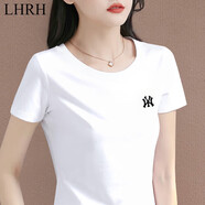 LHRH輕奢高檔品牌 T恤女士短袖V領(lǐng)休閑純色圓領(lǐng)印花上衣夏季新款女裝 白色字母圓領(lǐng) XL (建議105-115斤)