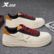 特步秋季網(wǎng)面透氣板鞋男鞋軟底輕便休閑運動(dòng)鞋潮流時(shí)尚防滑耐磨復古鞋 米黑 【皮面防水】 43