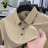 花花公子冰絲短袖t恤男夏季翻領(lǐng)體恤衫中年男夏裝薄款休閑polo衫T 卡其9313款 L 170