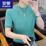 羅蒙（ROMON）品牌圓領(lǐng)針織短袖t恤男士夏季高端燙鉆薄款冰絲體恤半袖上衣潮T 綠色 WE933 S 165 (建議90-105斤)