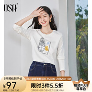 歐莎（OSA）印花長袖T恤女百搭打底衫內(nèi)搭2025年秋季新款大碼巨顯瘦上衣正肩 白色 XL