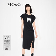 MO&Co.印花小飛袖高腰捏褶不規(guī)則開(kāi)叉小眾氣質(zhì)連衣裙女摩安珂 黑色-第2批 S 160