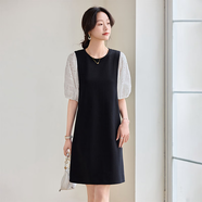 稻草季【拼接假兩件】?jì)?yōu)雅通勤圓領(lǐng)撞色鏤空繡花蝙蝠袖彈力空氣層連衣裙 黑配白 L