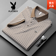 花花公子（PLAYBOY）保羅運(yùn)動時尚條紋刺繡polo衫男士2025夏季休閑美式翻領(lǐng)短袖t恤 駝色 M 【適合體重95-120斤】