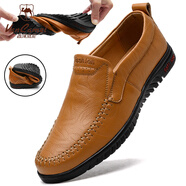 西域駱駝（VANCAMEL）春季男士透氣豆豆鞋真皮男鞋休閑皮鞋懶人鞋一腳蹬韓版套腳鞋子男 黃棕色【2852四季款】 37