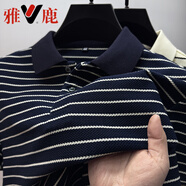 雅鹿高端黑白條紋polo衫男短袖夏季商務(wù)中年衣服t恤男翻領(lǐng)半袖男體恤 藏青 L