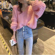 尤克達(dá)蒂（yookdd）寬松型毛衣女套頭慵懶V領(lǐng)毛衣女慵懶風(fēng)顯瘦加厚針織衫粗針學(xué)生秋 粉色【洋氣偏厚】 XL 【建議126-135斤】