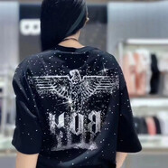 BOYBoy美式滿天星燙鉆新款棉短袖T恤男女夏季寬松上衣多巴胺chic鑲鉆 黑 均碼 l