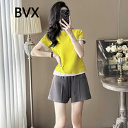 BVX夏季女裝套裝時(shí)尚撞色假兩件短袖T恤短褲小個(gè)子運(yùn)動(dòng)休閑兩件套潮 黃色 S
