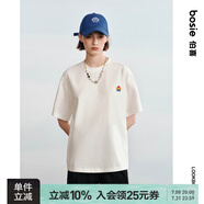 bosie【小花人系列】夏季新款短袖T恤男女情侶刺繡基礎(chǔ)簡(jiǎn)約圓領(lǐng)上衣 白色 L