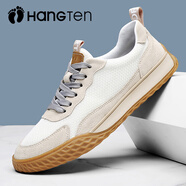 HANG TEN【頭層牛皮】休閑男鞋復(fù)古防滑軟底阿甘鞋軟底網(wǎng)面透氣運動跑步鞋 米色 40
