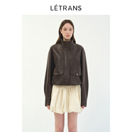 LETRANS元一 峽谷落日 復古蠟感落肩翻立領(lǐng)棕色短款皮衣夾克外套女 深棕色 L
