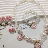 鴻穎韓版新款兒童公主蝴蝶結耳夾貝殼仿珍珠項鏈套裝女孩粉色項鏈手鏈 粉貝殼5件套