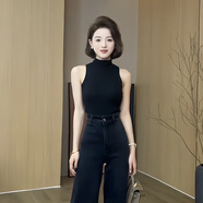 AEMAPE高端氣質(zhì)高腰牛仔褲女春秋秋季垂感遮肉顯瘦九分褲毛邊直筒褲子潮 黑色背心 S