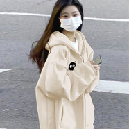 以純 YISHION美式復古高街潮牌連帽衛衣女春秋oversize薄款外套chic慵懶開(kāi)衫 杏色(秋冬加絨款) M