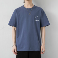 美羅邦（Meloban）新款純棉短袖T恤男夏季潮流冰絲圓領(lǐng)笑臉半袖體恤學(xué)生上衣服 灰藍(lán) M
