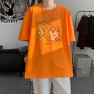 花花公子300G重磅純棉短袖T恤男生夏季寬松半袖體恤落肩情侶款打底衫潮流 桔紅色 S 【建議90-105斤】