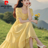 皮爾卡丹（pierre cardin）25夏季新款超仙顯瘦泡泡袖法式連衣裙氣質(zhì)仙女黃色連衣裙今年流行 黃色連衣裙 L 105-115斤