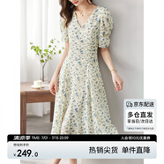 尚都比拉夏季法式碎花連衣裙泡泡袖茶歇裙氣質(zhì)女神范裙子 杏底藍花 M 