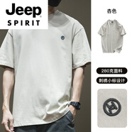 JEEP SPIRIT潮流280g重磅純棉短袖T恤男2025新款夏季刺繡寬松大碼男士半袖衫 杏色【280克】 5XL 體重215-230斤