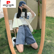 皮爾卡丹（pierre cardin）夏季薄款毛邊復古五分休閑短褲女流蘇高腰寬松闊腿褲ins潮5分中褲 藍 五分 XS 70-80斤