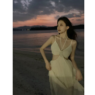 冉藝嵐同款海邊度假三亞旅游拍照衣服超仙沙灘裙純欲風(fēng)吊帶性感露背連衣 杏色 S