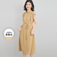 金菊特價(jià)100%桑蠶絲歐若鏤空連衣裙女2025夏季新款褶皺圓領(lǐng)連袖真絲裙