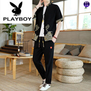 花花公子（PLAYBOY）純棉男套裝夏季短袖中國風(fēng)休閑復(fù)古大碼開衫兩件套潮流男士唐.裝 黑色【高品質(zhì)】 L
