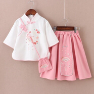 迪士尼兒童套裝夏季古裝漢服中國風超仙襦裙女童寶寶短袖飄逸古風裙子 花云扇白色 常規(guī) 優(yōu)質(zhì)棉麻面料 110 (身高90-100cm)