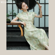 Olrain【七夕禮物】新中式連衣裙女夏季女裝國風(fēng)茶歇收腰印花裙子 青綠色 M