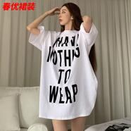 芭瑾圖大版歐美風(fēng)短袖t恤女中長款英文字母印花高街風(fēng)寬松百搭大碼女裝 白色-新**抗皺 S