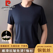 皮爾卡丹正宗桑蠶絲無痕錦氨圓領(lǐng)短袖t恤男夏季新款商務(wù)休閑涼爽透氣體恤 藍(lán)灰色 L 175 (建議130-150斤)