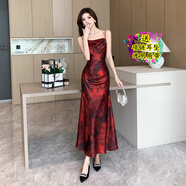 FHHUABD2025夏季韓版名媛性感氣質(zhì)復(fù)古紅晚禮服女吊帶連衣裙海邊 復(fù)古紅 S