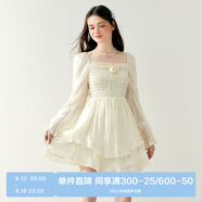 樂町收腰方領(lǐng)蛋糕裙精致玫瑰連衣裙少女感長(zhǎng)袖公主裙 米黃(現(xiàn)貨) M