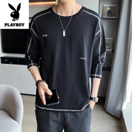 花花公子（PLAYBOY）男士長(cháng)袖t恤春秋季內搭打底衫純棉潮流寬松體恤潮牌衛衣秋裝上衣 黑色DS980長(cháng)袖 M