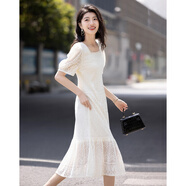 德瑪納【薄霧蕾絲系列】夏季溫柔風(fēng)云朵棉寬松腰遮肉氣質(zhì)長(cháng)款女式連衣裙