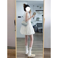 潮思匯法式白色花苞連衣裙子女夏2025新款小個子背心吊帶小眾蓬蓬裙短裙 白色 S