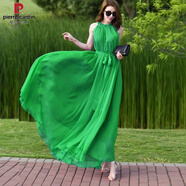 皮爾卡丹（pierre cardin）超長(zhǎng)及踝長(zhǎng)裙2025新款波西米亞純色雪紡大碼連衣裙度假沙灘裙超仙 草綠色 M 建議100-130斤
