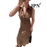 JPN香港潮牌亞麻無(wú)袖翻領(lǐng)連衣裙女2025新款夏長(zhǎng)款無(wú)背心裙子高端氣質(zhì) 卡其色連衣裙 S