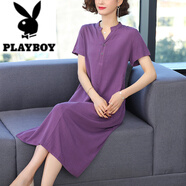 花花公子（PLAYBOY）高端闊太太襯衫裙夏季年輕媽媽減齡顯瘦棉綢連衣裙中老年大碼長裙 紫色 -717款 XL 建議90-110斤
