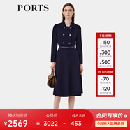 PORTS寶姿女裝秋季新款裝飾雙排扣時尚西裝領(lǐng)A字連衣裙女 丈青（預(yù)售） S (4)