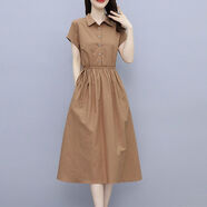 依伊純短袖棉麻連衣裙女收腰顯瘦2025夏季新款韓版氣質(zhì)百搭休閑媽媽裙子 焦糖色 2XL 【建議125-135斤】
